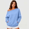thumbnail image 2 of WAYUTE Sweatshirt for Women Off The Shoulder Sweatshirt Drop Shoulder Long Sleeve Front Pocket Oversized Tunic Top Solid Color Fall Pullover Casual Daily Wear,Light Blue,XL, 2 of 6