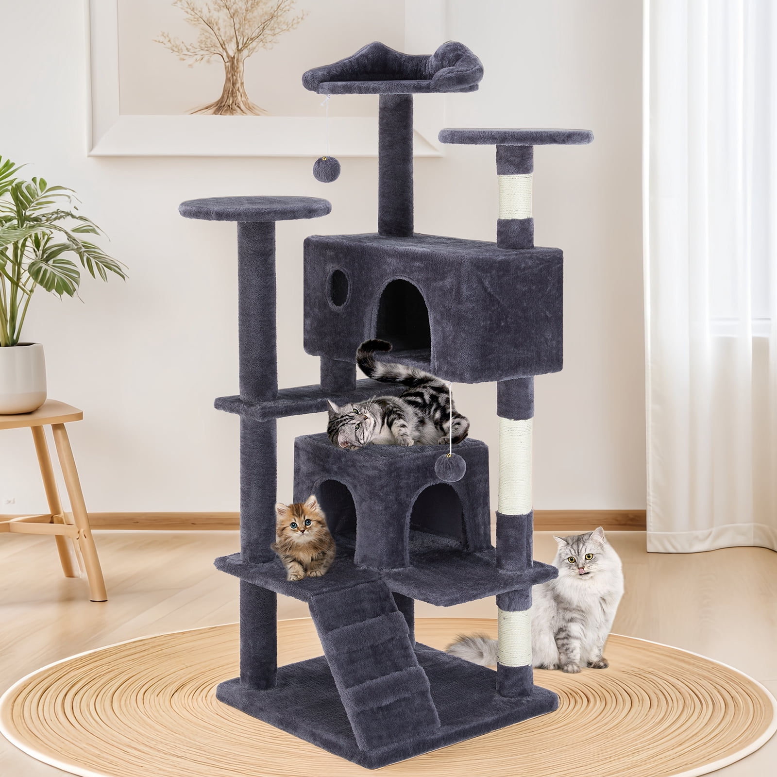 54" Multi-Level Cat Tree Tower with Sisal Scratching Post, Indoor Cat Climbing Tower with Ladder & Plush Toys for Rest & Play