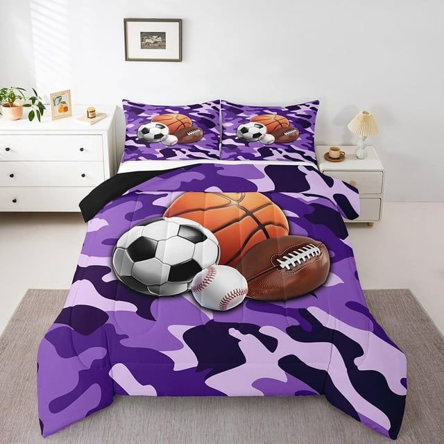 Erosebridal Ensemble de Literie de Basketball Football pour Lit Simple, Couette Camouflage Violet, Réversible