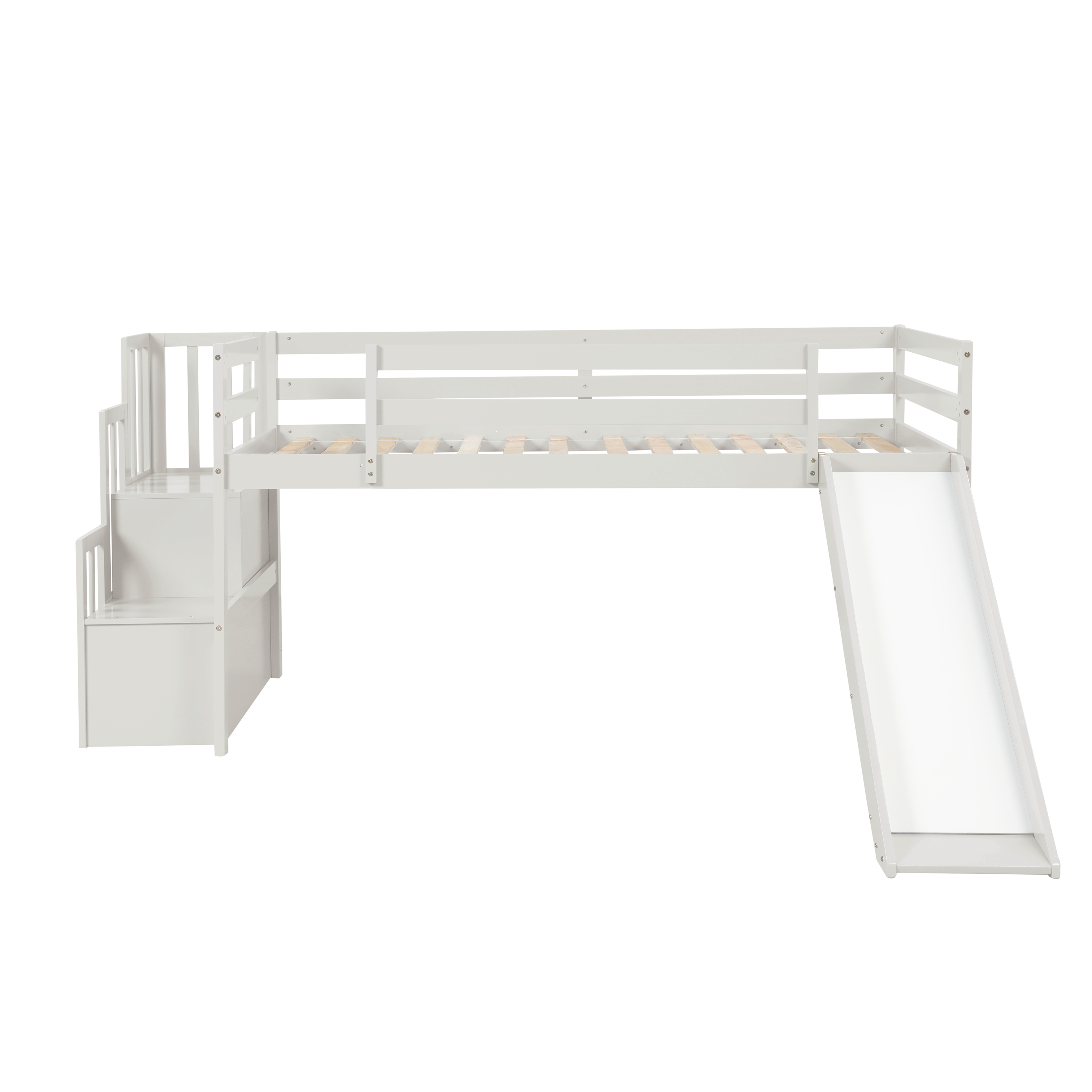 Gewnee Wood Twin Low Loft Bed with Storage Staircase and Safety Guardrails for Kids,White