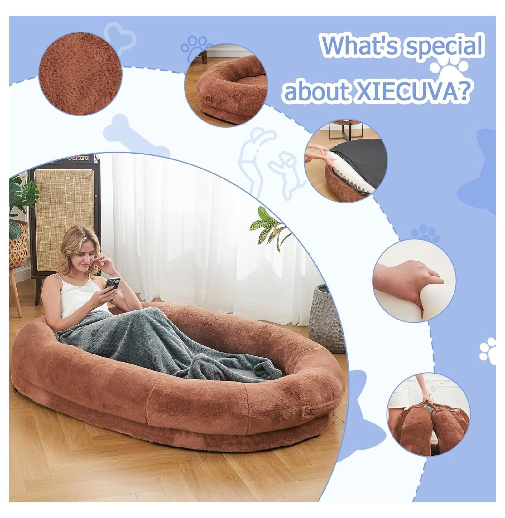 Human Dog Bed 72x48x10 Large Fluffy Cloud Lounger for Adults Pets Indoor Relaxation Sleep Rest Comfort Tan