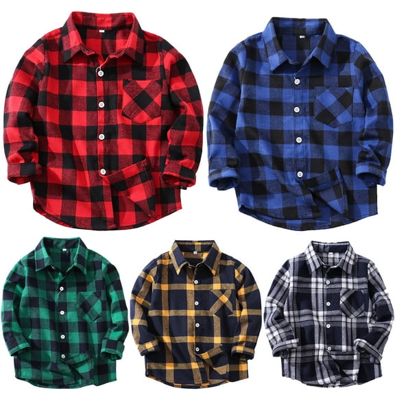 safuny Boys Girls Spring Coat Jacket Lapel Shirts Plaid Button Casual Playwear Tops Toddler Baby Long Sleeve Shirts Blue 18-24M