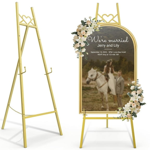 Yacona Gold Easel Stand for Sign, Heavy Duty Heart Shape Easel for Painting, Adjustable Welcome Display Standing, for Wedding Sign, Poster, Mirrors, Display, Photo, Painting