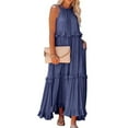 thumbnail image 2 of IUZSOKIL Womens Summer Dress Cotton Sleeveless Built in Bra Dress Halter Layered Ruffles Casual Boho Flowy Maxi Dress Navy L, 2 of 8