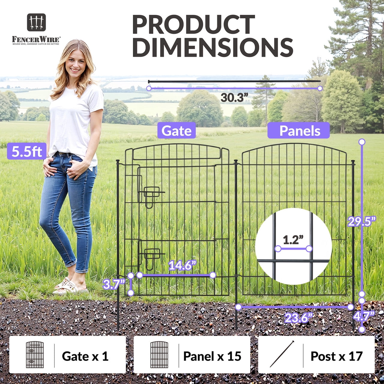 FencerWire 15 Panels Decorative Garden Fence with Gate, 29.5"H x 23.6"W No Dig Dog Fence Outdoor for Yard Garden Patio, Arched Rustproof Metal Garden Barrier Border, Temporary Animal Barrier