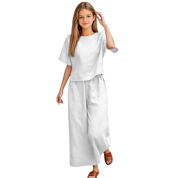 UACY Girls Pants Sets 2 Piece Outfits Casual Half Sleeve Tops with Wide Leg Palazzo Pants Summer Cropped Lounge Set (White, 13-14 Years)