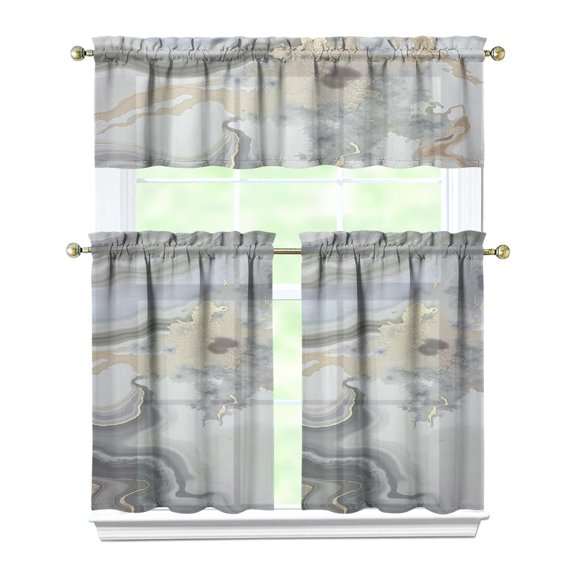 Light Grey Marble Pattern Kitchen Curtain Valance 3 Piece Set Short Curtain Sink Window Decor 36 Inch Small Window Treatment Tier 27.5x36 Length