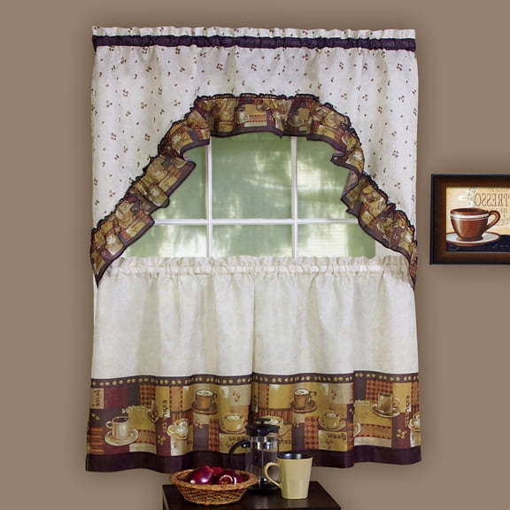 Park Avenue Collection Coffee - Printed Tier and Swag Set - 57x36 Tier Pair/57x30 Swag - Multi