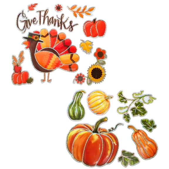 Window Gel Clings Turkey Pumpkin Design Stickers Decals for Thanksgiving Fall Autumn Harvest Holiday Home Kitchen Office Business School Classroom Mirrors Party Favor Decoration Gift Supplies, 2 count
