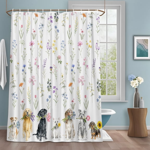 Spring Floral Dog Shower Curtain with Hooks, Rustic Black Gray Puppy Pink Flower Animal Water Repellent Shower Curtains for Bathroom Decor Sturdy Shower Curtain, Machine Washable 60x72 Inch