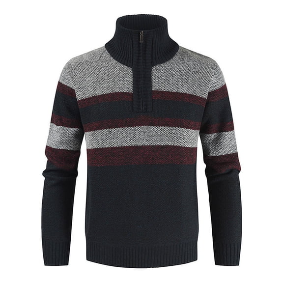 Casusal Sweater for Men Vintage Striped Knitted Sweatshirt Long Sleeve Quarter Zipper Pullover with Ribbing Edge Navy L