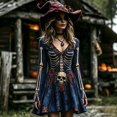 thumbnail image 2 of Xijirk Women Halloween Skull Skeleton Rose Print Dress with V Neck Long Flare Sleeve Fit and Flare Mini Dress for Witch Cosplay Halloween Party, 2 of 4