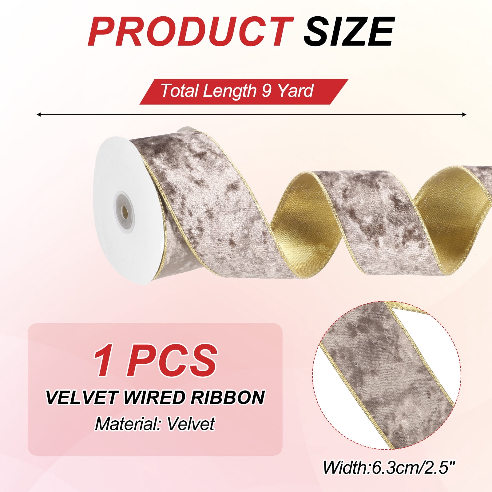 Uxcell 2.5" x 10 Yards Velvet Wired Gold Crushed Ribbon for Bow Decor Coffee