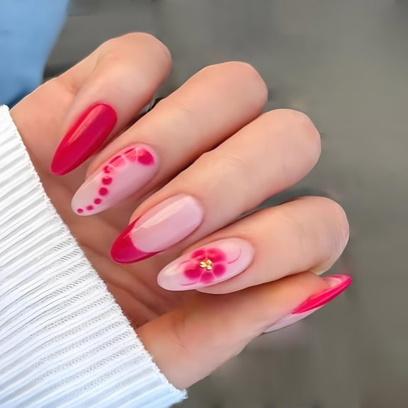 24Pcs Almond Glues on Nails French Fake Nails Designs False Nails Artificial Nails Gifts for Women Girls