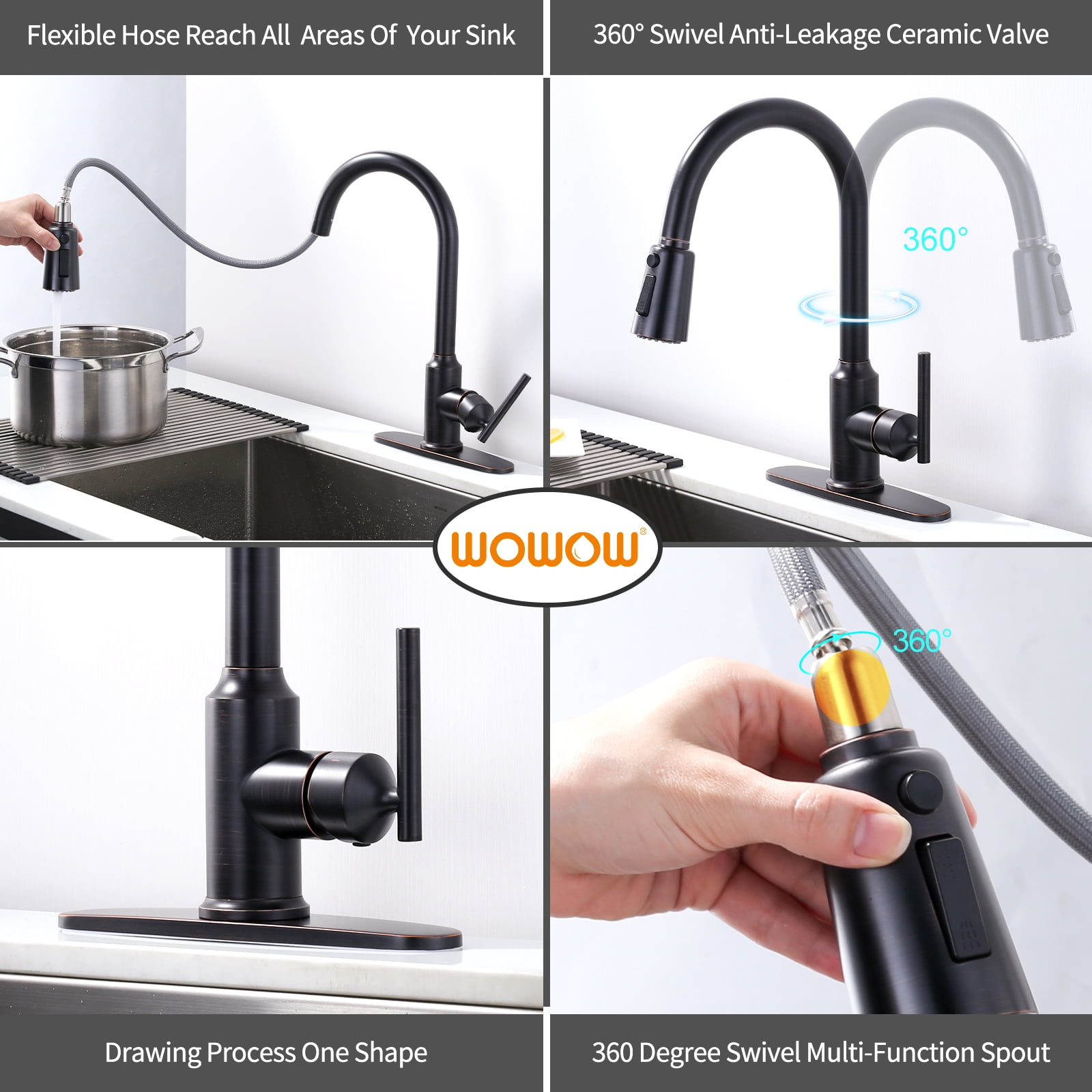 WOWOW Single Handle Kitchen Sink Faucet Oil Rubbed Bronze Kitchen Faucet with Pull Down Sprayer