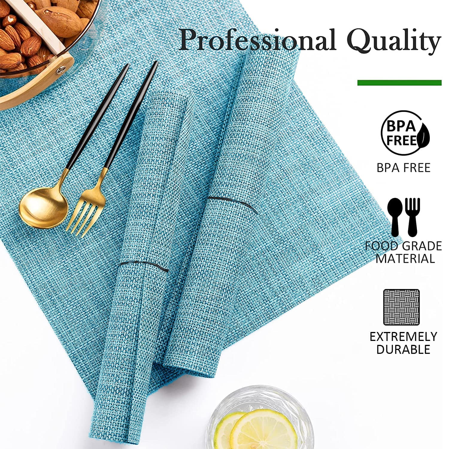 Placemats, Vinyl Woven Place Mats for Kitchen Table Indoor/Outdoor, Washable Wipeable Dining Blue Placemats Set of 4, 12x18 Inch