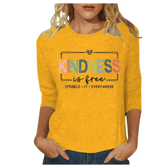 T-shirt Décontracté pour Femme à Col Rond avec Imprimé de Lettres, Manches 3/4