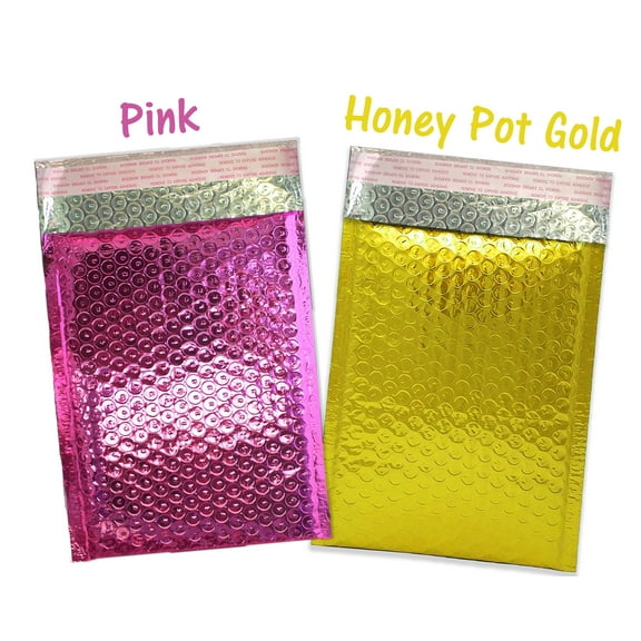 6x10, 4x8" Honey Pot Gold & Pink Metallic Bubble Mailers, Self Seal Glamour Colored Mailing Envelopes Medium, Small