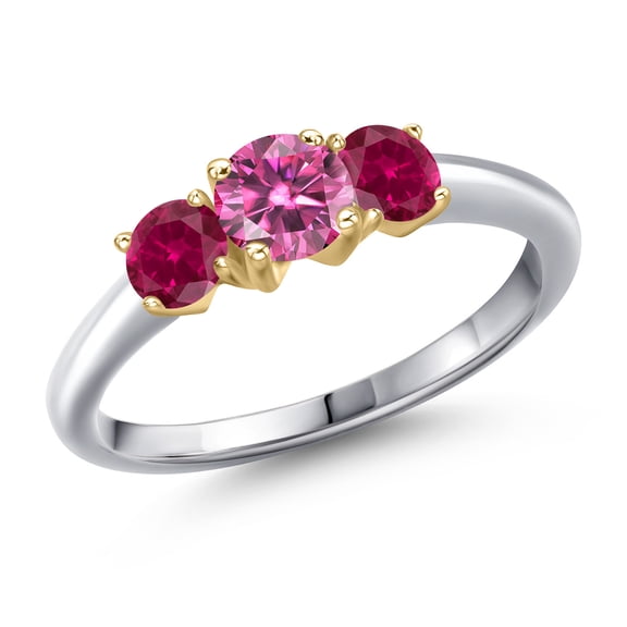 Gem Stone King 10K Two Tone Gold Pink Moissanite and Red Created Ruby Engagement Ring for Women | 1.00 Cttw | Round 5MM | Gemstone Birthstone | Size 7