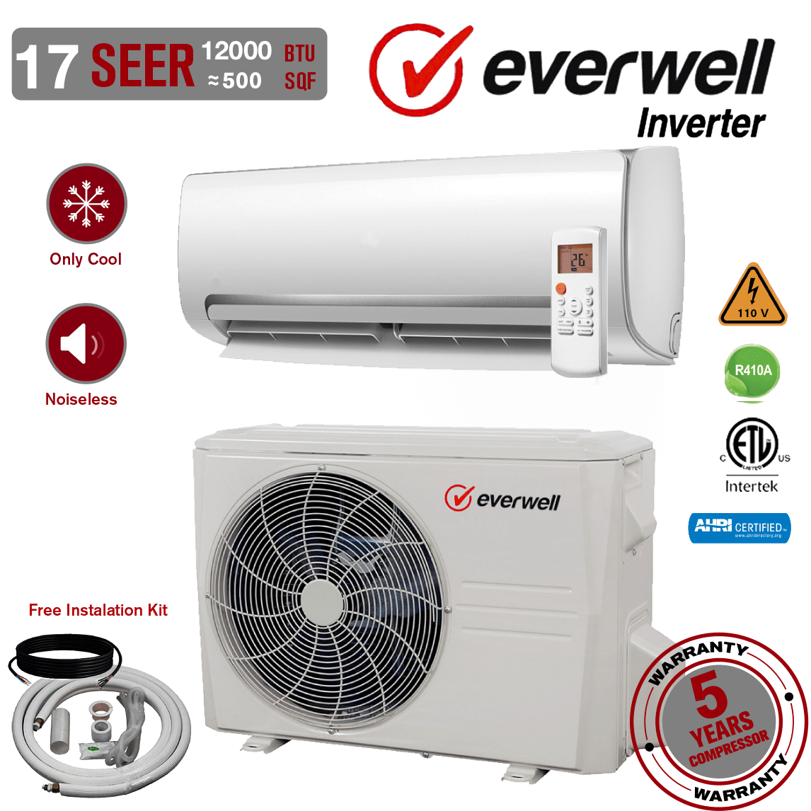 Everwell 12000 BTU AC Mini Split 17 SEER2 Inverter AC Ductless Only Cold System 110V
