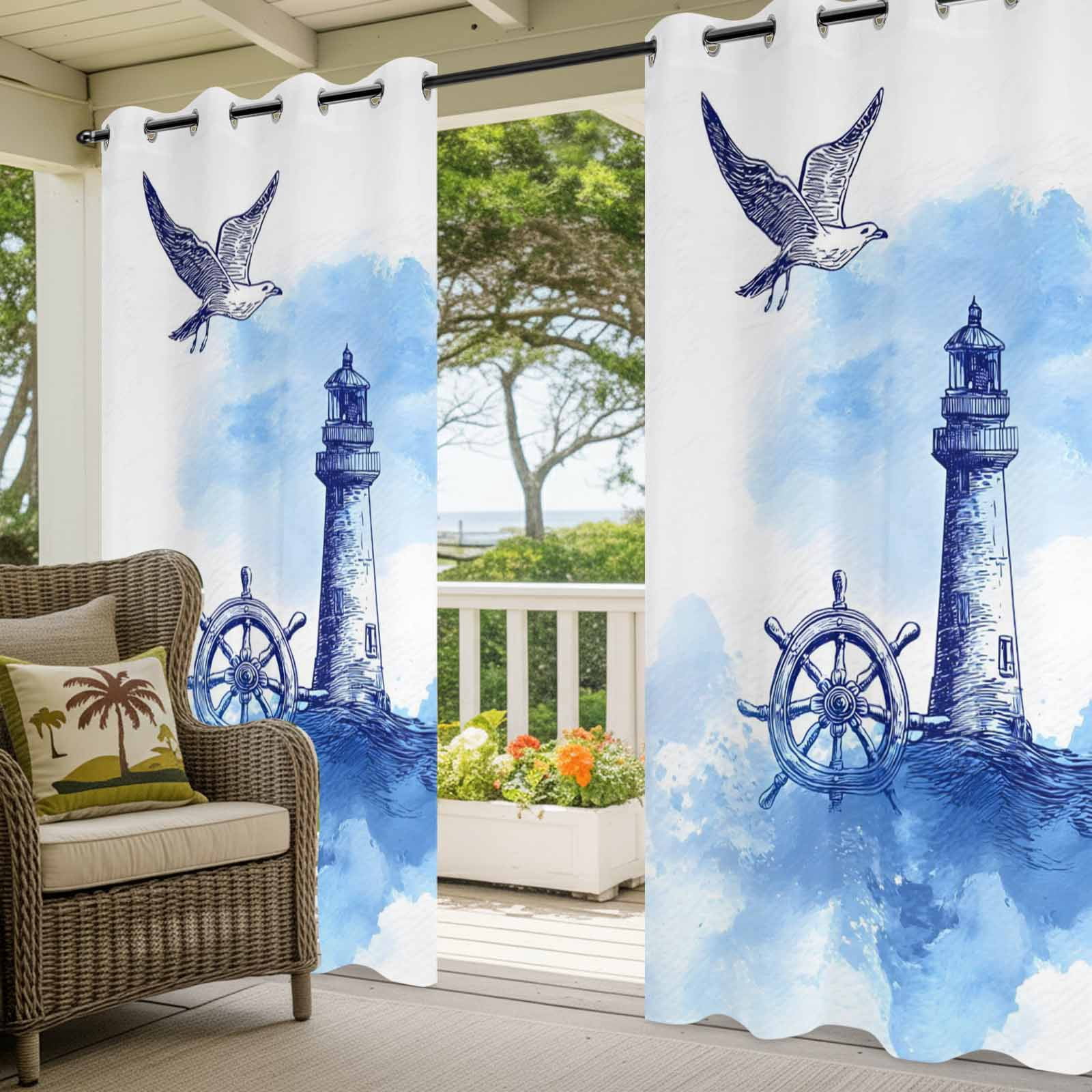 Summer Outdoor Curtains for Patio, Watercolor Seagull Blue Line Ship Rudder Lighthouse Sea Wave Sunshade Privacy Drapes Grommet Waterproof Outside Curtains for Porch/Cabana/Balcony 54"x 108", 1 Panel