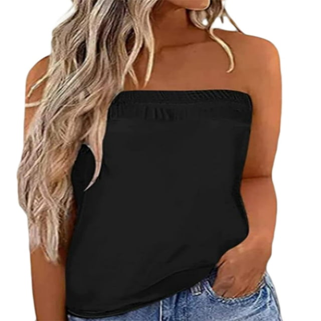 QJUHUNG Femmes Été Tube Tops Bustier Couleur Unie/bandes/drapeau Extensible Débardeurs
