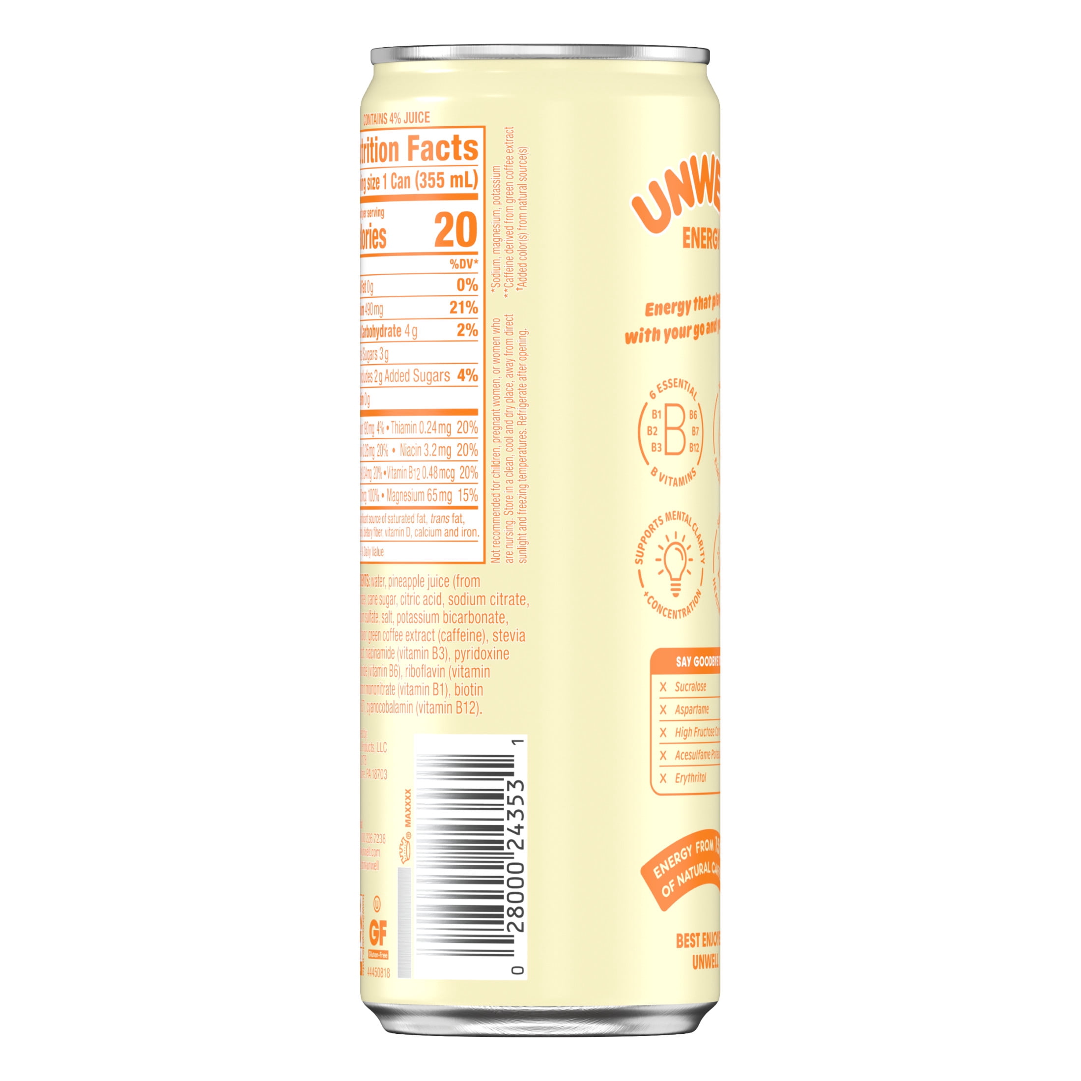 Unwell Sparkling Energy Drink, Electrolytes & Real Fruit Juice – Pineapple Coconut 12 fl oz