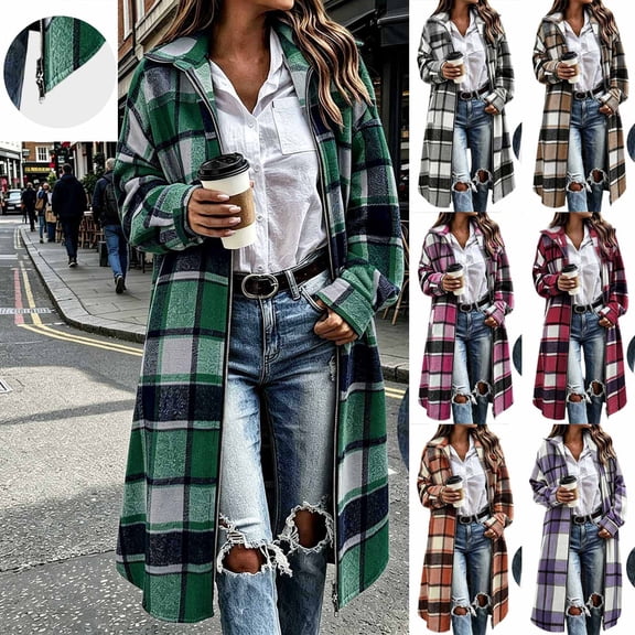 Jsaierl Women's Long Plaid Flannel Shacket Button Down Lapel Collar Oversized Jacket Fall Winter Casual Outerwear Coat