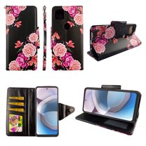 Case for Motorola Moto G Stylus 5G 2021 (Not Fit Moto G Stylus 2021) Pu Leather Wallet Cover Flap Closure Snap-on Book Style Cases Card Holders Wrist Strap 2 in 1 Folio Flower Black