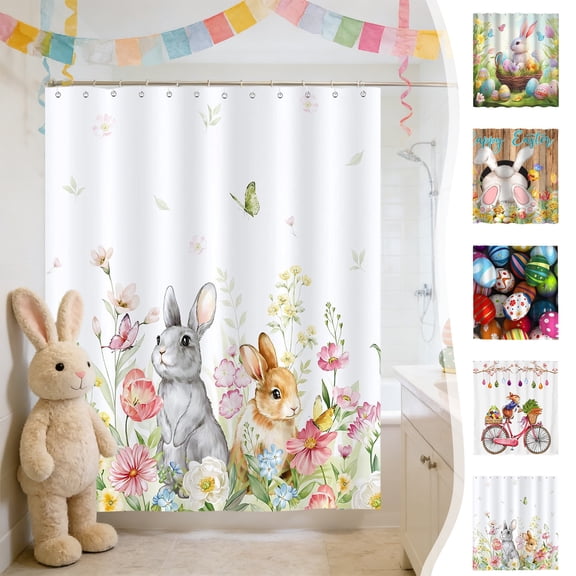 Tyidzon Easter Shower Curtain, 47x70" Waterproof Polyester Bath Curtain with Bunny Eggs Print, No Drill Shower Curtain with 12 Hooks for Spring Bathroom Home Decor