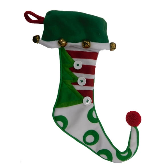 Embellished Stripe Felt Elf Style Jingle Bells Christmas Holiday Stocking