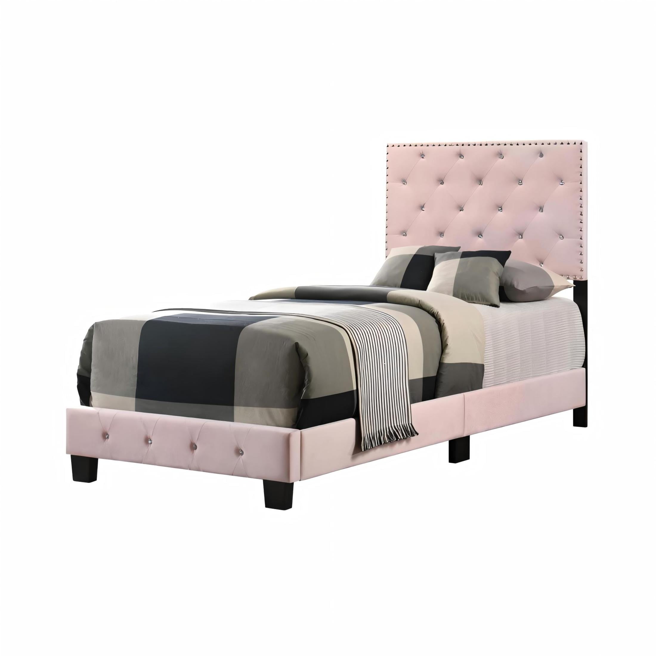 Noble House Casual Velvet Twin Bed for Kids with Tufted Headboard, Wood Supports, Pink