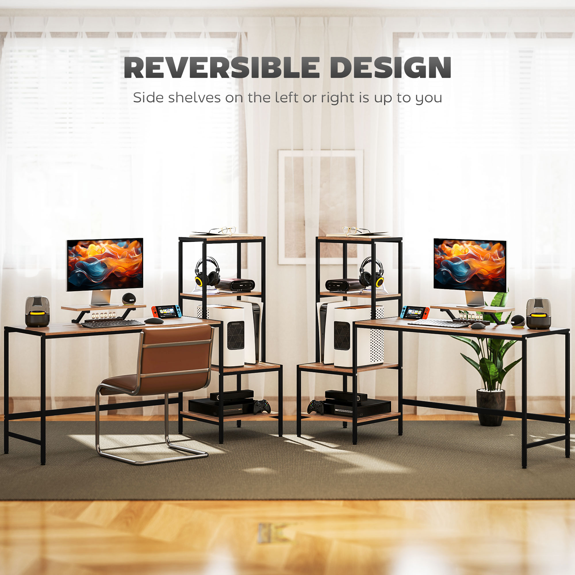 HOMCOM 67" Computer Desk with Monitor Stand, 4-Tier Reversible Home Office Desk with Printer Shelf or CPU Stand, Industrial Writing Desk, Brown