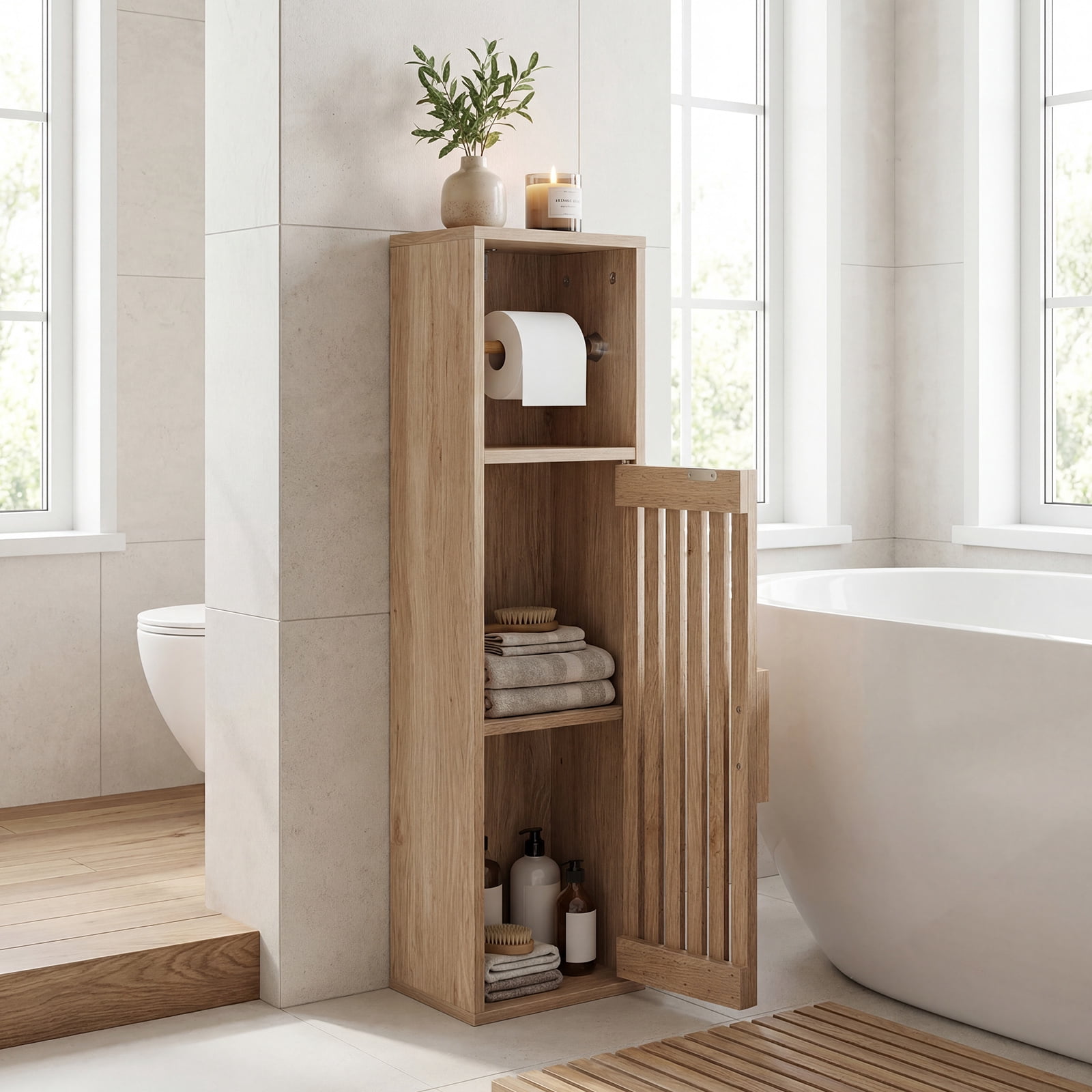 Costway Slim Bathroom Cabinets, Freestanding Toilet Paper Holder Stand with Door,Natural