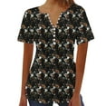 thumbnail image 3 of QATAINLAV Oversized Tshirts for Women 2025 Summer Casual Pleated Henley Shirt Loose Fit Button V Neck Blouse Fashion Floral Print Beach Tops Black L Spring Savings, 3 of 4