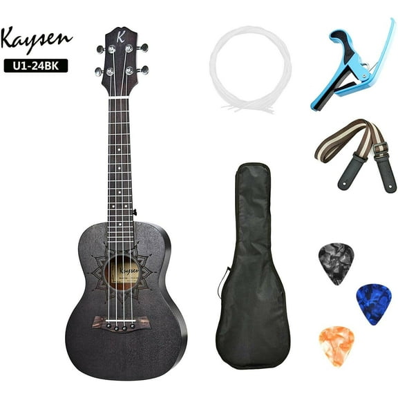 Kaysen 23" Black (Dark Brown) Mahogany Concert Ukulele Bundle (UK-U1-24BK)