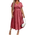 thumbnail image 4 of LWavelet Women's Plus Size Midi Dress Short Sleeve V-Neck Criss Cross Waist Pleated Casual Dress Watermelon Red L, 4 of 4