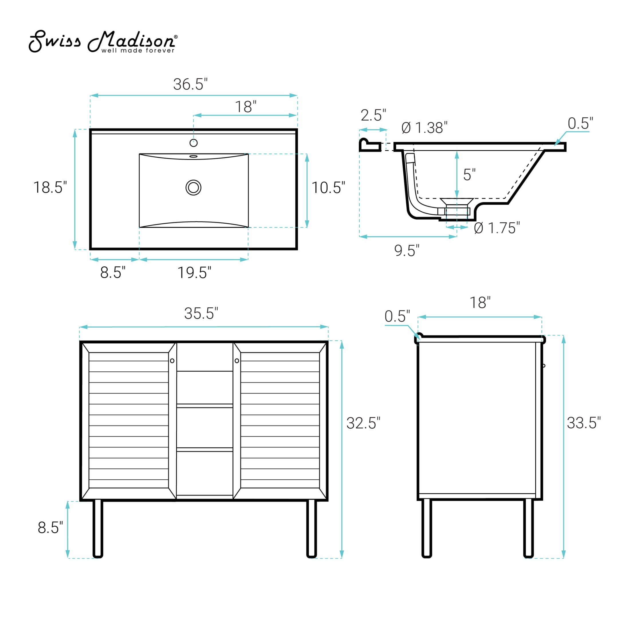 Bron 36" Freestanding Bathroom Vanity in Brown Oak with Black Sink Top