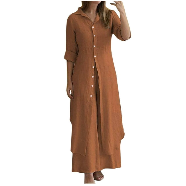 Timegard Lounge Sets for Women 2 Piece Plus Size Button up Slim Long Shirts Wide Leg Pants Trend Outfits