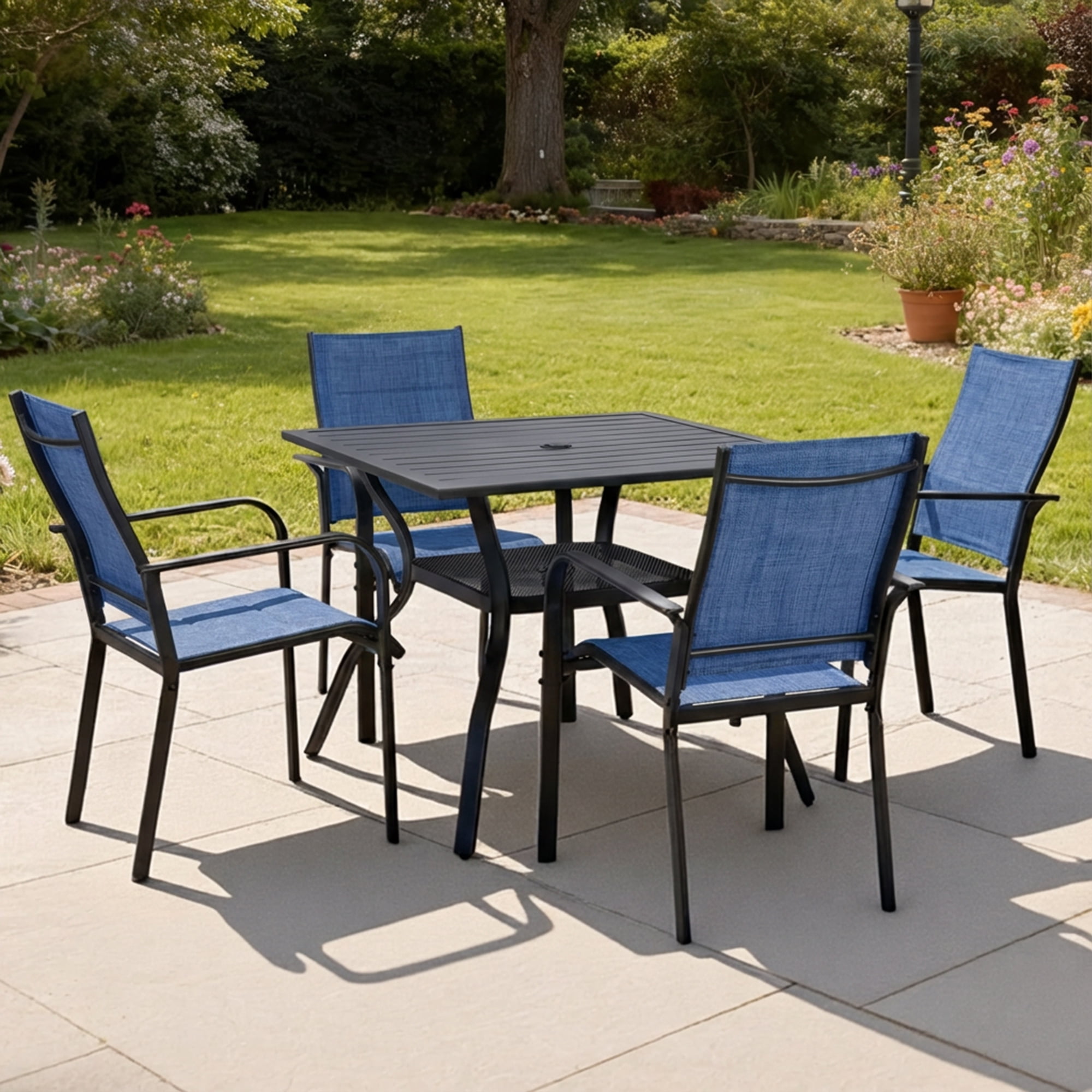 DELMANGO Patio Chairs Set of 4, Outdoor Dining Chairs High Back, All-Weather Padded Textilene DiningChair for Lawn Porch Garden, Blue