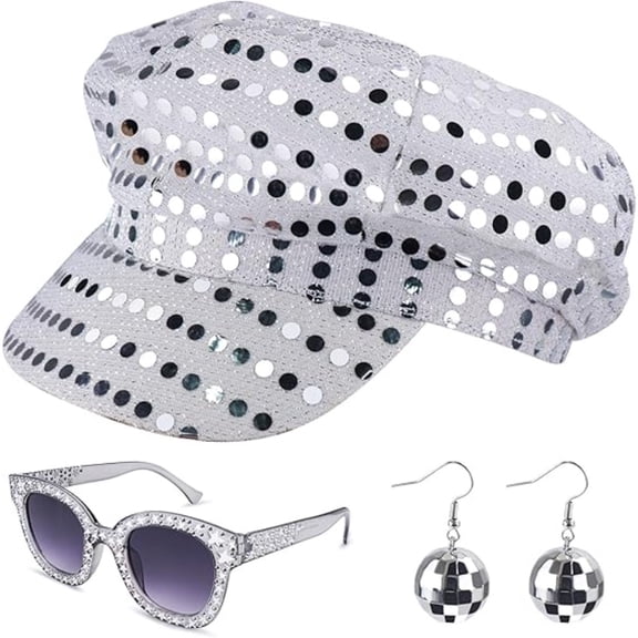 3-Piece 70s Disco Glam Set Sparkly Sequin Hat & Retro Sunglasses Earrings Abba Costume for Theme Party Halloween