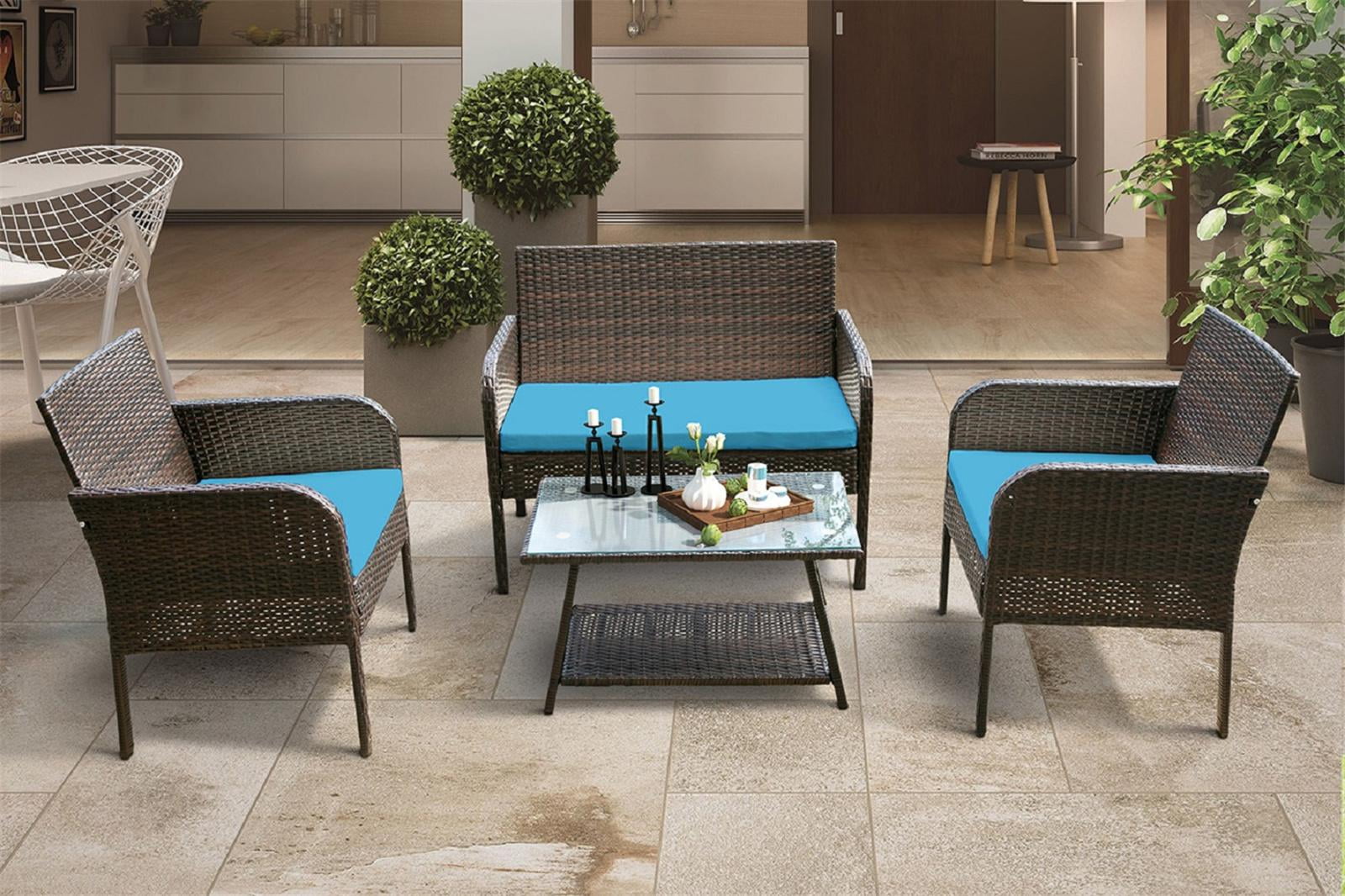 4 PCS Wicker Patio Furniture Sets, Outdoor Conversation Table and
