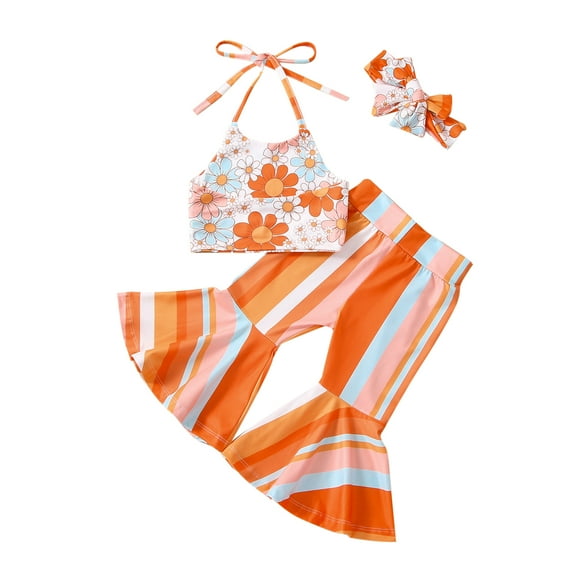 Musuos Toddler Girl Summer Clothes 3Pcs Outfits, 1-5T Flower Print Halter Camisole   Stripe Flare Pants   Bow Headband