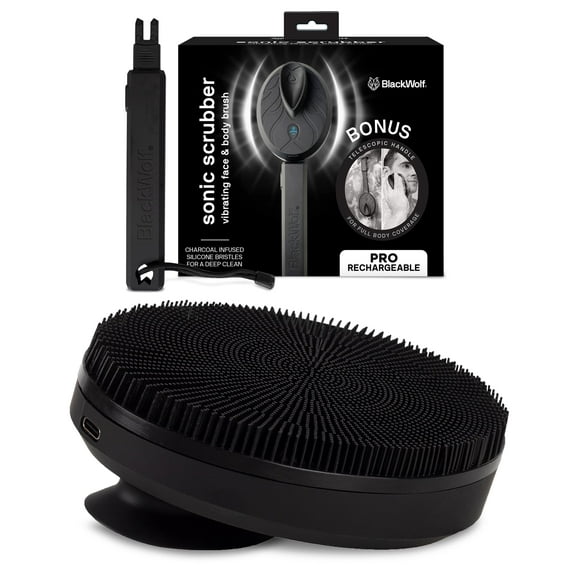 Black Wolf Silicone Body Scrubber & Exfoliator - Vibrating Loofah Shower Scrubber Brush with Handle Extension for Back - Deep Cleaning & Exfoliating Body Scrub - Bath Hygiene Es