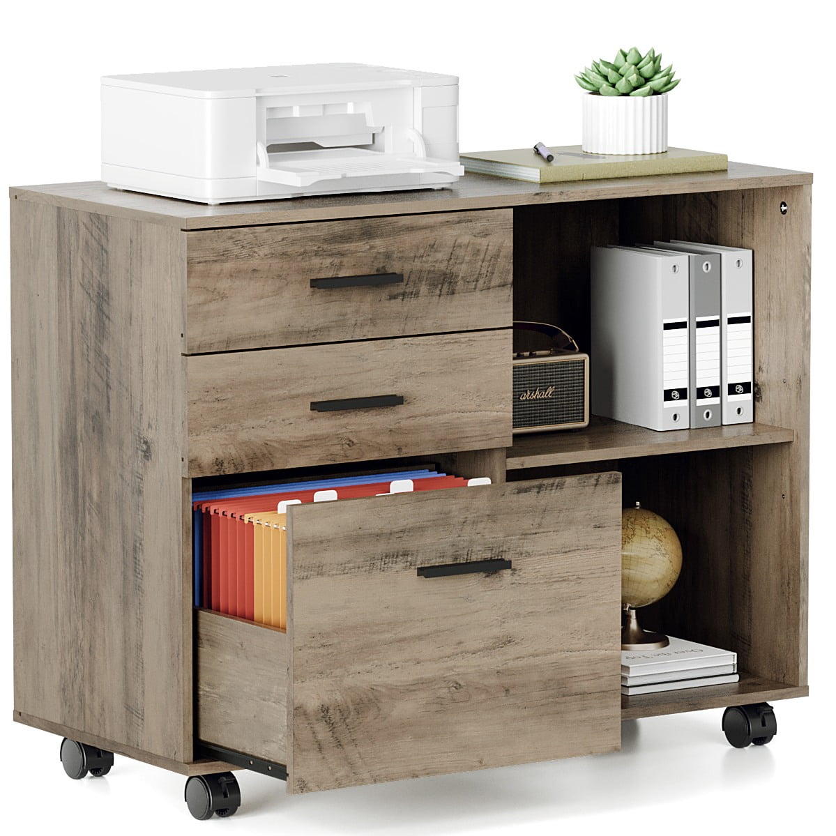 Ktaxon 3 Drawer File Cabinet with Open Shelf, Wood Rolling File Cabinet with Open Shelves,Legal & Letter Size Gray