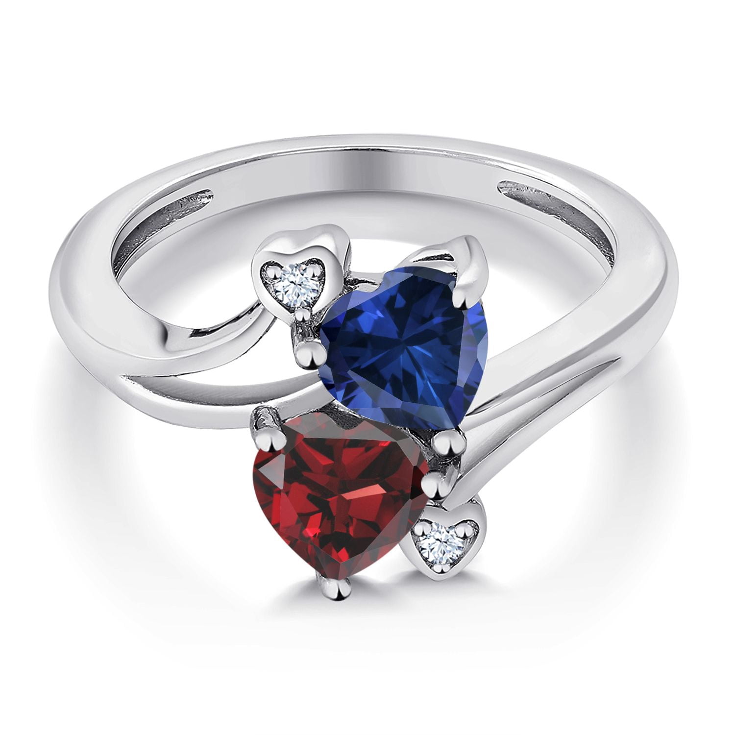 Gem Stone King 1.73 Cttw Blue Created Sapphire and Red Garnet Ring for Women | 925 Silver | Heart Shape 6MM | Gemstone Birthstone | Wedding Engagement Anniversary Promise Ring for Women | Size 5