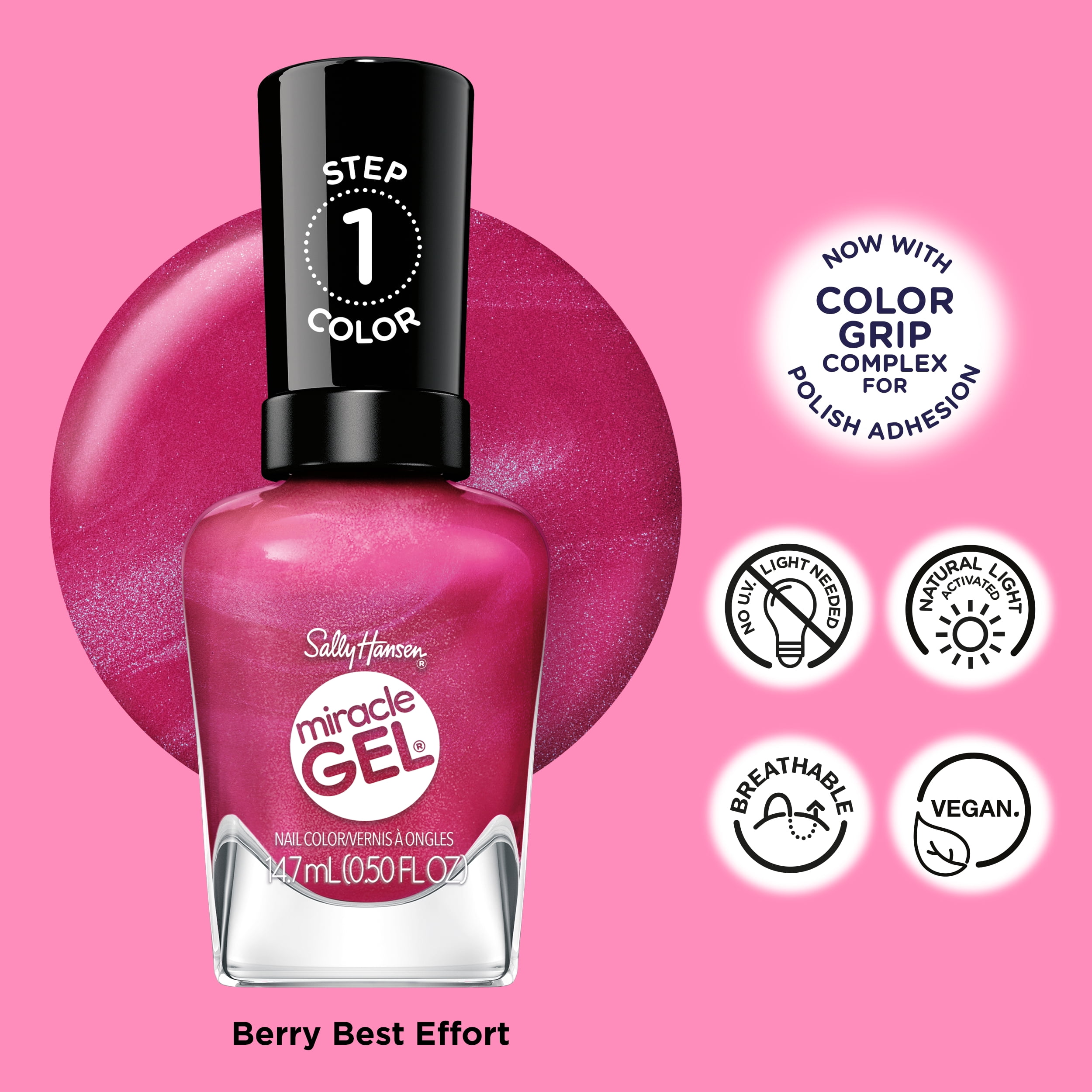 Sally Hansen Miracle Gel Supercharged Pinks Nail Polish, Salon-Quality Gel-Like Polish, Long-Lasting, Chip-Resistant, Berry Best Effort 0.5 fl oz