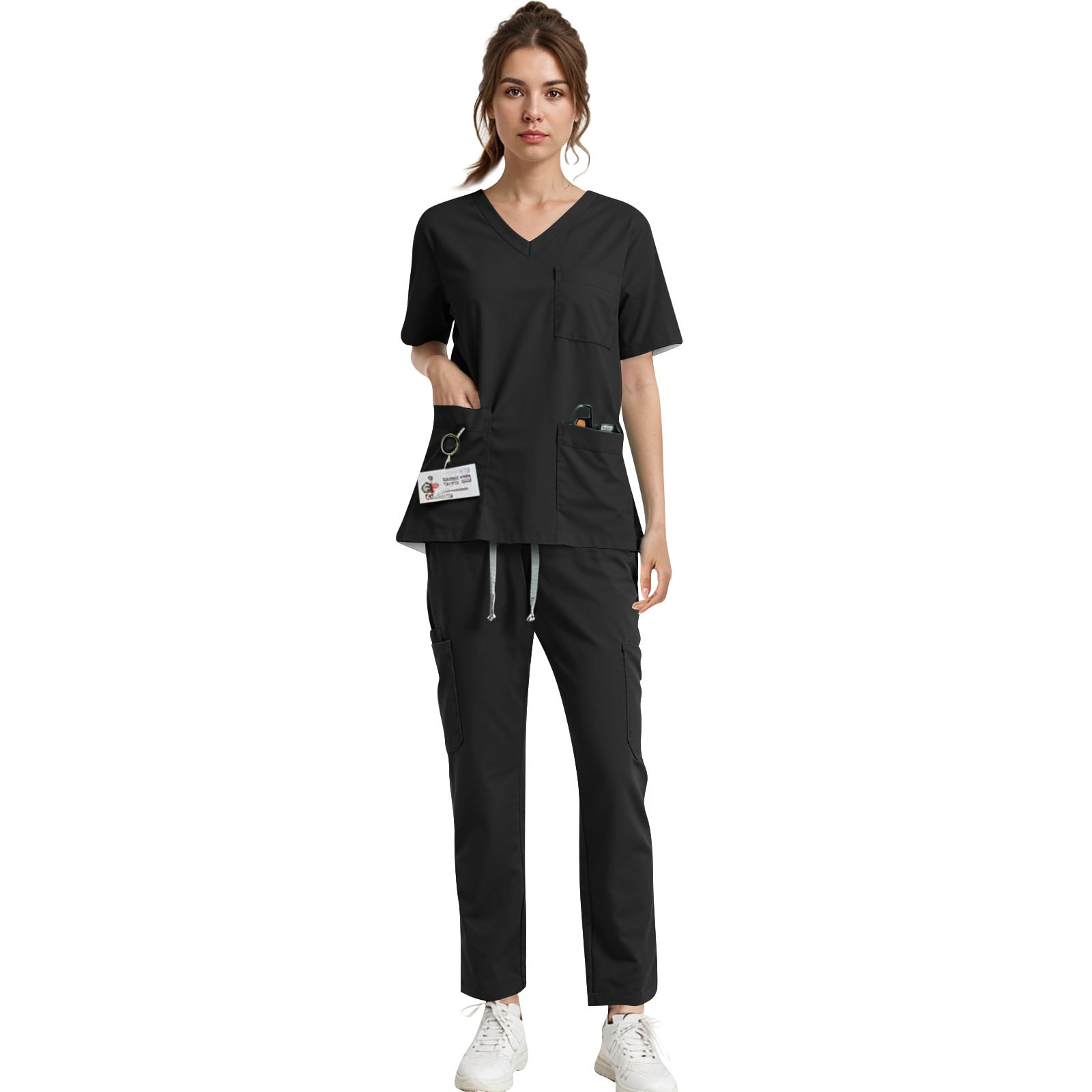 2 Piece Sets For Women Summer, Women's Quick-Dry 2-Piece V-Neck Scrub Uniform Set - Short Sleeve Work Tee & Pants with Pockets, Solid Color, Comfort Fit, Four Seasons Aa Black
