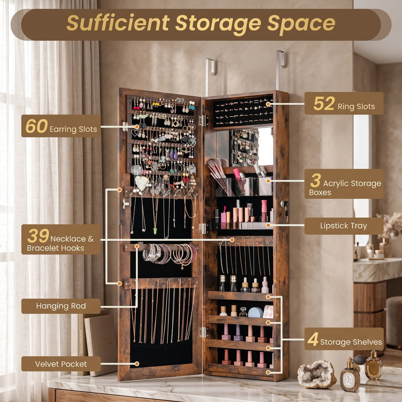 Furnibear 43.5 Inch Jewelry Armoire Cabinet with Full Length Mirror and Adjustable Hangers for Bedroom and Entryway, Rustic Brown