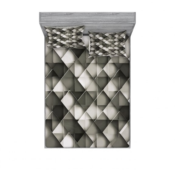 Ambesonne Geometric Fitted Sheet & Pillow Sham Set, Grey Ombre Squares, Queen, Charcoal Grey White